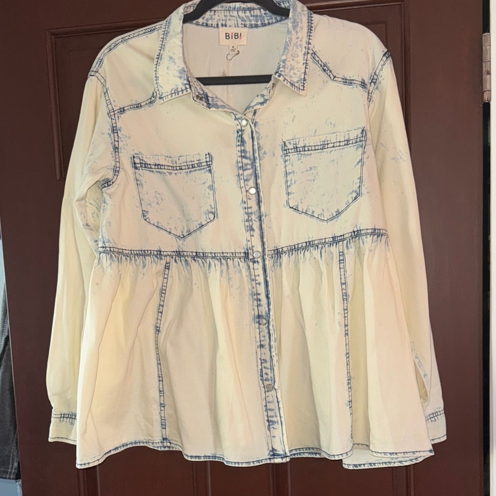 BiBi Cream and Blue Denim Peplum Shirt